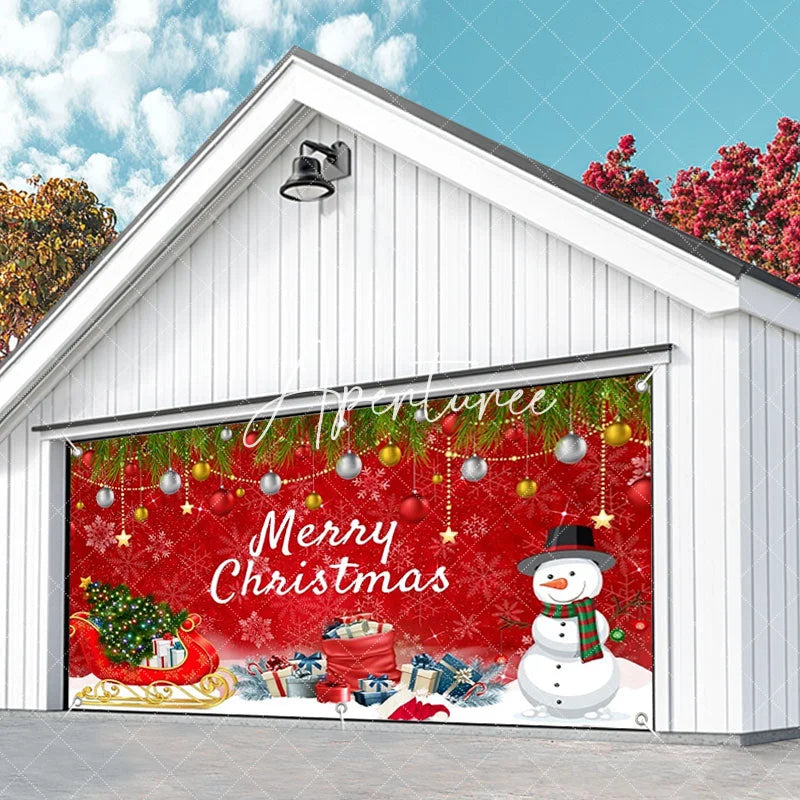 Aperturee - Aperturee Vibrant Red Merry Christmas Garage Door Banner with Snowman Sleigh and Festive Ornaments Holiday Decor