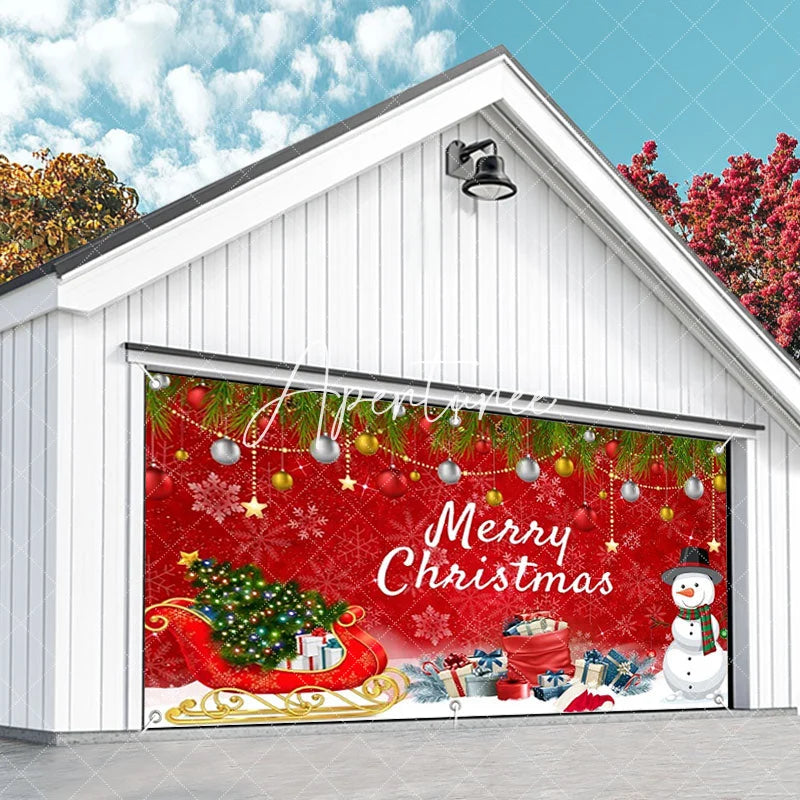 Aperturee - Aperturee Vibrant Red Merry Christmas Garage Door Banner with Snowman Sleigh and Festive Ornaments Holiday Decor