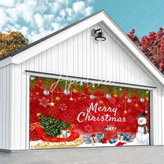Aperturee - Aperturee Vibrant Red Merry Christmas Garage Door Banner with Snowman Sleigh and Festive Ornaments Holiday Decor