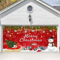 Aperturee - Aperturee Vibrant Red Merry Christmas Garage Door Banner with Snowman Sleigh and Festive Ornaments Holiday Decor