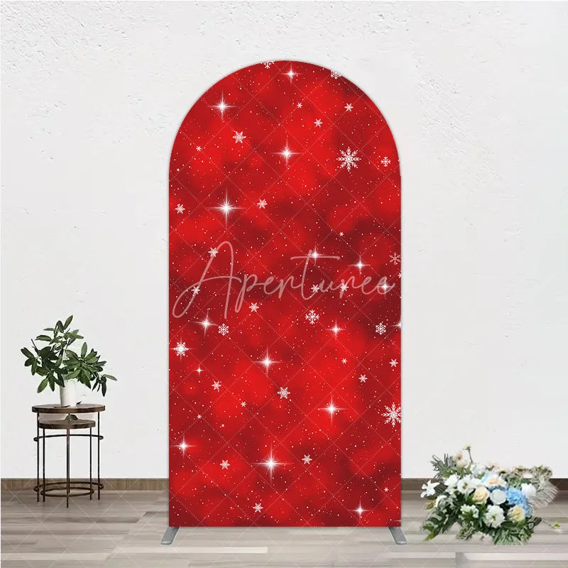 Aperturee - Aperturee Vibrant Red Winter Wonderland Round Top Arch Backdrop with Sparkling Snowflakes and Stars Holiday Decor