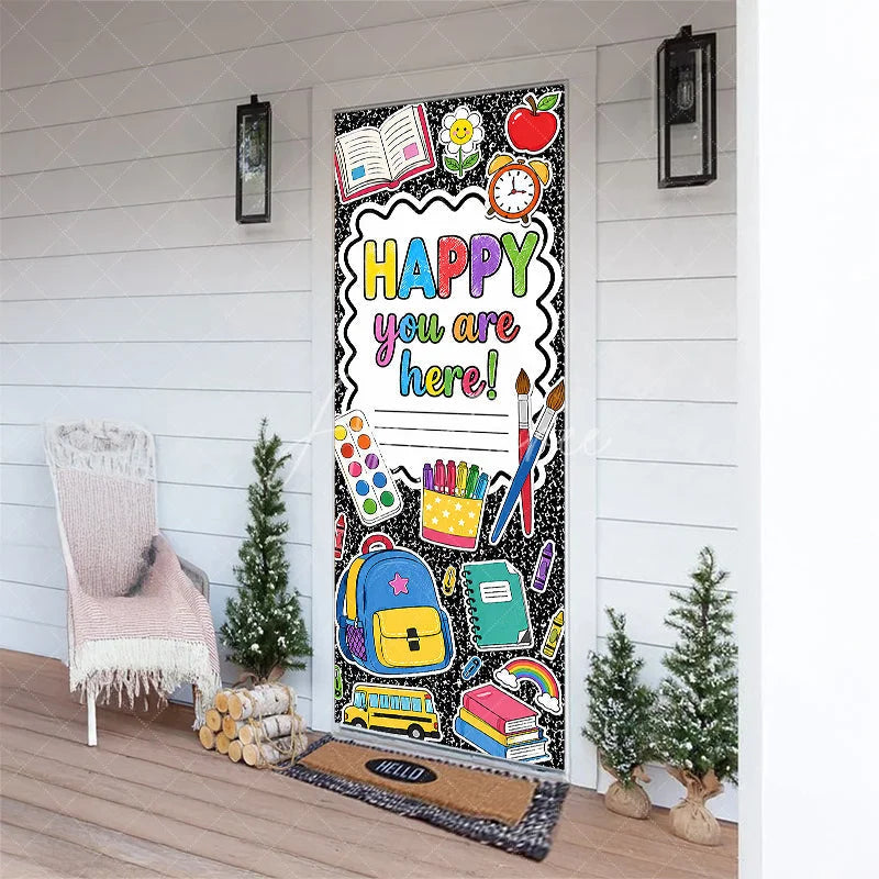 Aperturee - Aperturee Vibrant School Supplies and Happy You Are Here Message Door Cover Classroom Welcome Back to School Decor