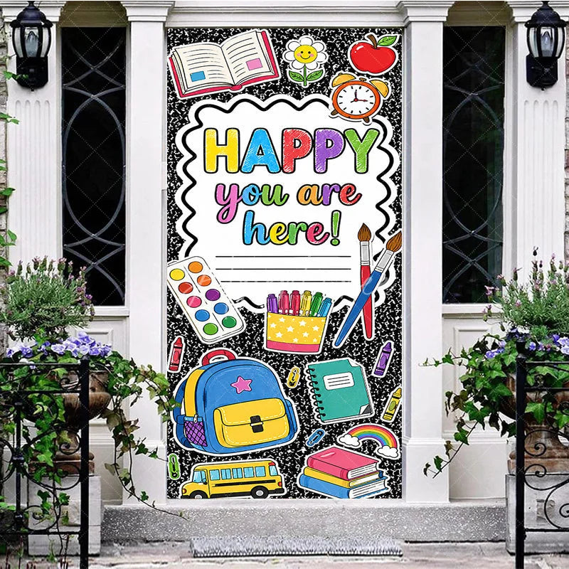 Aperturee - Aperturee Vibrant School Supplies and Happy You Are Here Message Door Cover Classroom Welcome Back to School Decor