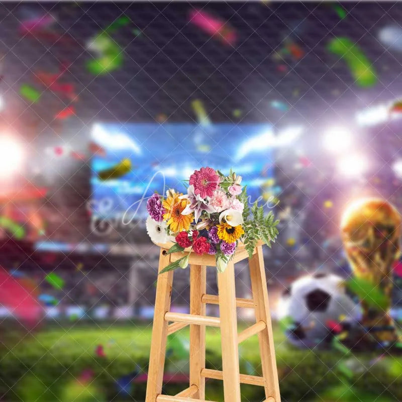 Aperturee - Aperturee Vibrant Soccer Field Backdrop Golden Football Trophy Stadium Lights Victory Celebration Party