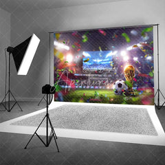Aperturee - Aperturee Vibrant Soccer Field Backdrop Golden Football Trophy Stadium Lights Victory Celebration Party