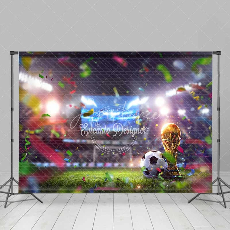 Aperturee - Aperturee Vibrant Soccer Field Backdrop Golden Football Trophy Stadium Lights Victory Celebration Party