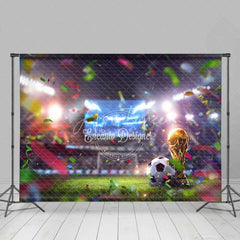 Aperturee - Aperturee Vibrant Soccer Field Backdrop Golden Football Trophy Stadium Lights Victory Celebration Party