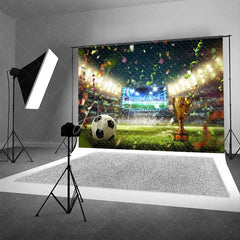 Aperturee - Aperturee Vibrant Soccer Field Backdrop Golden Trophy Confetti Celebration Sports Theme Party Photography