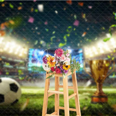Aperturee - Aperturee Vibrant Soccer Field Backdrop Golden Trophy Confetti Celebration Sports Theme Party Photography