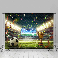 Aperturee - Aperturee Vibrant Soccer Field Backdrop Golden Trophy Confetti Celebration Sports Theme Party Photography