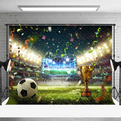 Aperturee - Aperturee Vibrant Soccer Field Backdrop Golden Trophy Confetti Celebration Sports Theme Party Photography
