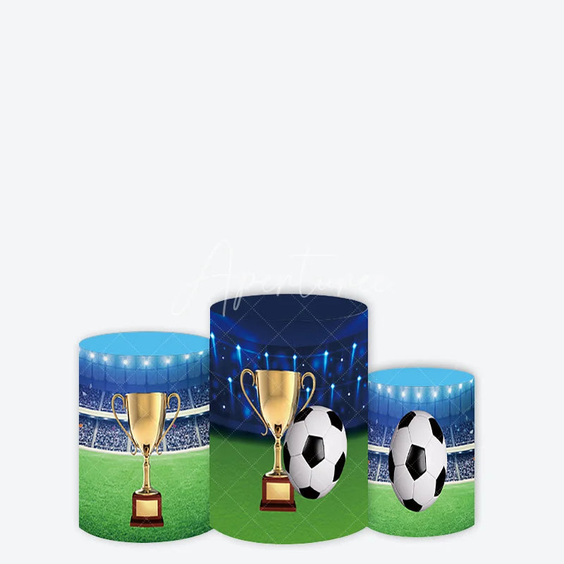 Aperturee - Aperturee Vibrant Soccer Field Cylinder Cover with Golden Trophy and Stadium Lights Sports Theme Birthday Party Decor