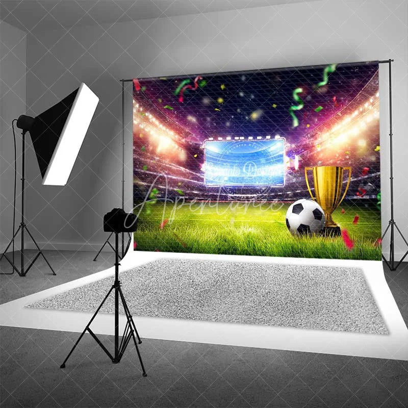 Aperturee - Aperturee Vibrant Soccer Stadium Backdrop Championship Trophy Sports Theme Party Celebration Photography