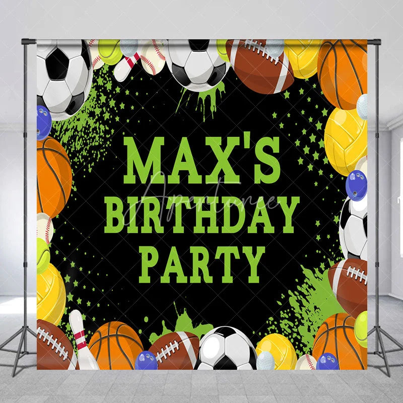 Aperturee - Aperturee Vibrant Sports Theme Custom Birthday Party Backdrop with Assorted Balls and Green Accents