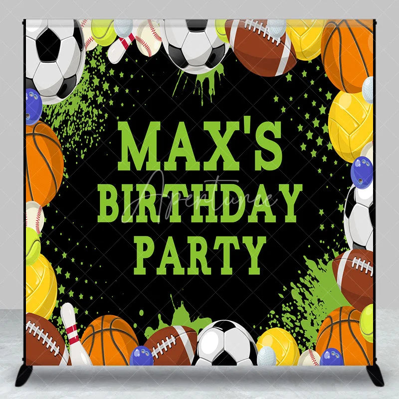 Aperturee - Aperturee Vibrant Sports Theme Custom Birthday Party Backdrop with Assorted Balls and Green Accents