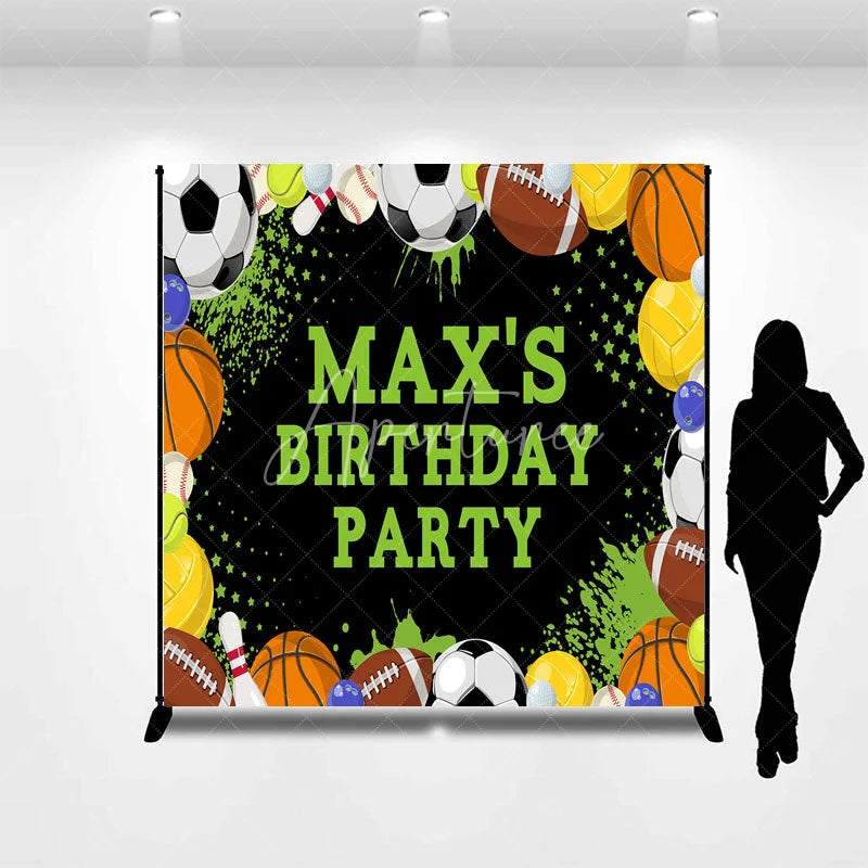 Aperturee - Aperturee Vibrant Sports Theme Custom Birthday Party Backdrop with Assorted Balls and Green Accents