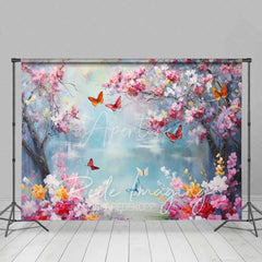 Aperturee - Aperturee Vibrant Spring Cherry Blossom Lake Backdrop Colorful Butterfly Floral Photography Background for Parties