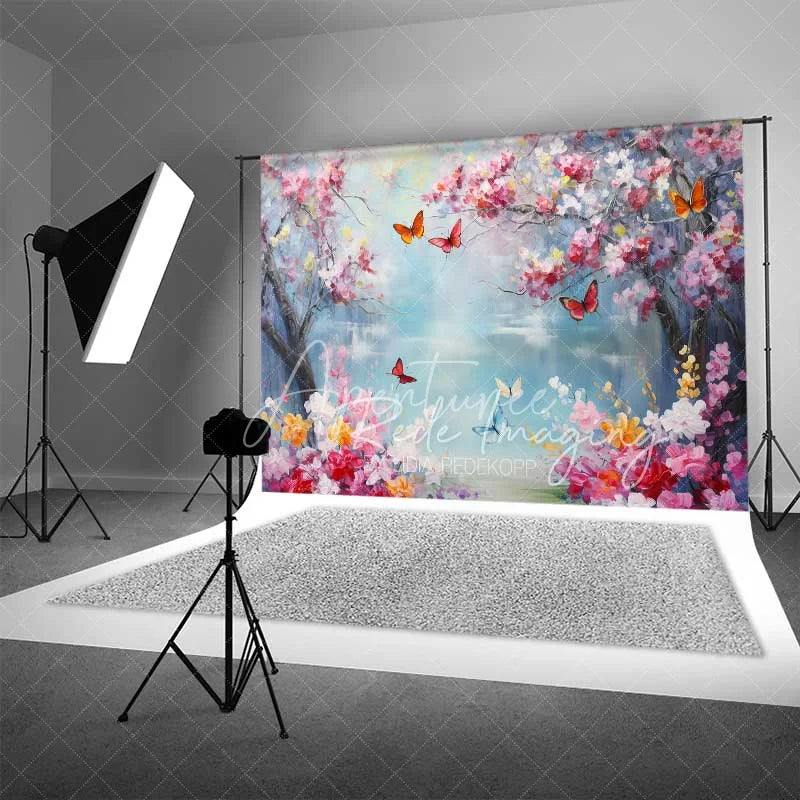 Aperturee - Aperturee Vibrant Spring Cherry Blossom Lake Backdrop Colorful Butterfly Floral Photography Background for Parties
