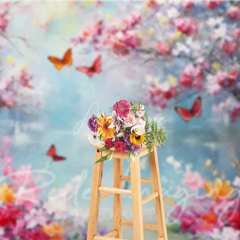 Aperturee - Aperturee Vibrant Spring Cherry Blossom Lake Backdrop Colorful Butterfly Floral Photography Background for Parties
