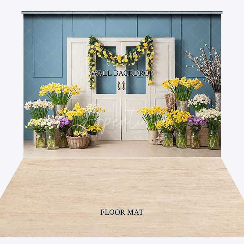Aperturee - Aperturee Vibrant Spring Floral Combo Set Backdrop Blue Paneled Wall with White Doors Yellow Daffodils and Wooden Floor