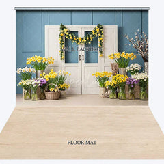 Aperturee - Aperturee Vibrant Spring Floral Combo Set Backdrop Blue Paneled Wall with White Doors Yellow Daffodils and Wooden Floor