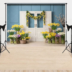 Aperturee - Aperturee Vibrant Spring Floral Combo Set Backdrop Blue Paneled Wall with White Doors Yellow Daffodils and Wooden Floor