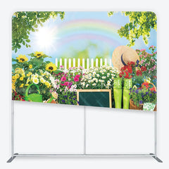 Aperturee - Aperturee Vibrant Spring Garden with Rainbow and Sunflowers Square Double-Sided Backdrop Outdoor Photo Booth Decor