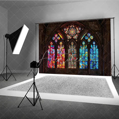 Aperturee - Aperturee Vibrant Stained Glass Window Gothic Arch Photography Backdrop Intricate Religious Art and Colorful Patterns