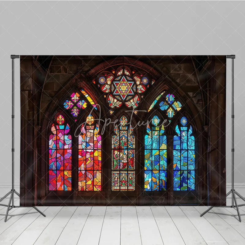 Aperturee - Aperturee Vibrant Stained Glass Window Gothic Arch Photography Backdrop Intricate Religious Art and Colorful Patterns