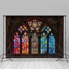 Aperturee - Aperturee Vibrant Stained Glass Window Gothic Arch Photography Backdrop Intricate Religious Art and Colorful Patterns