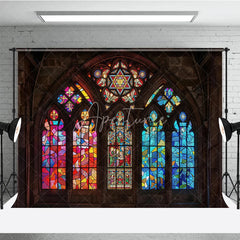 Aperturee - Aperturee Vibrant Stained Glass Window Gothic Arch Photography Backdrop Intricate Religious Art and Colorful Patterns