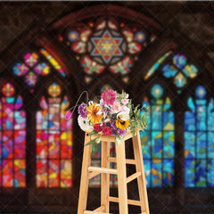 Aperturee - Aperturee Vibrant Stained Glass Window Gothic Arch Photography Backdrop Intricate Religious Art and Colorful Patterns
