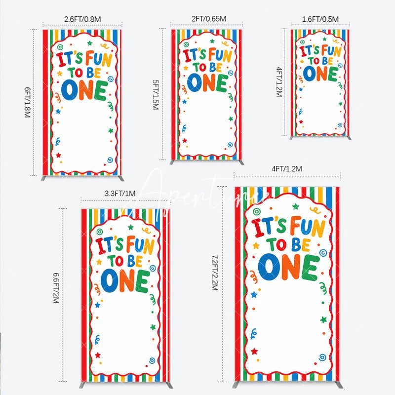 Aperturee - Aperturee Vibrant Striped It’s Fun To Be One Rectangle Arch Backdrop First Birthday Party Decor
