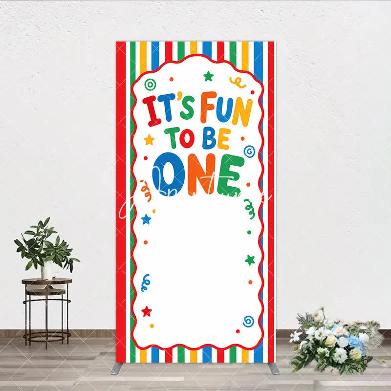 Aperturee - Aperturee Vibrant Striped It’s Fun To Be One Rectangle Arch Backdrop First Birthday Party Decor