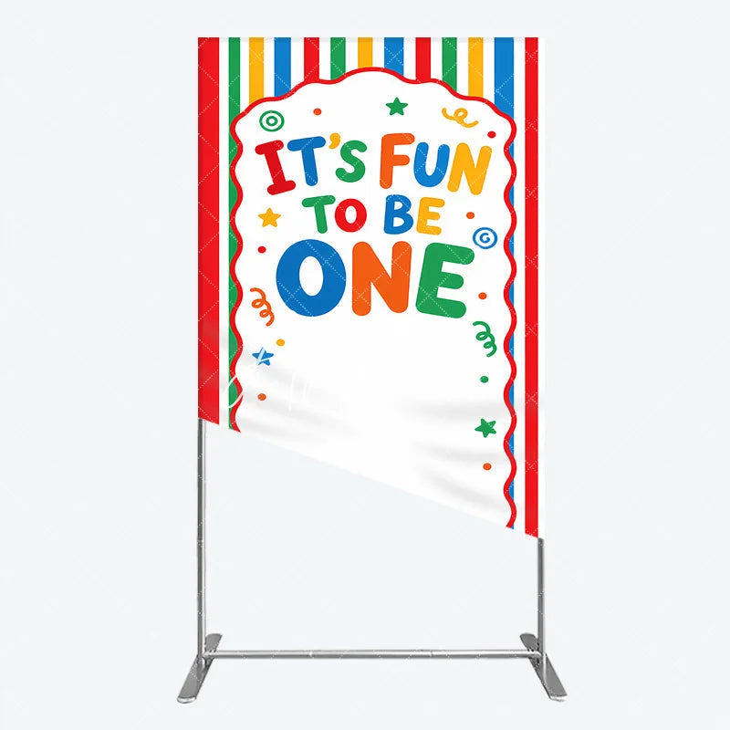 Aperturee - Aperturee Vibrant Striped It’s Fun To Be One Rectangle Arch Backdrop First Birthday Party Decor