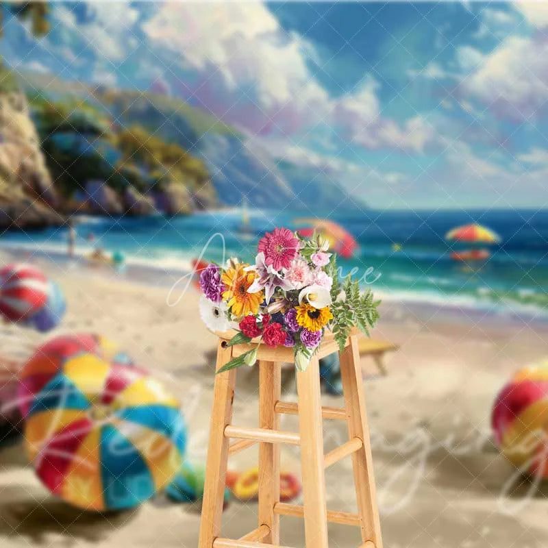 Aperturee - Aperturee Vibrant Summer Beach Ocean Backdrop Colorful Beach Balls Tropical Landscape Vacation Photography