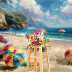 Aperturee - Aperturee Vibrant Summer Beach Ocean Backdrop Colorful Beach Balls Tropical Landscape Vacation Photography