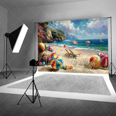 Aperturee - Aperturee Vibrant Summer Beach Ocean Backdrop Colorful Beach Balls Tropical Landscape Vacation Photography