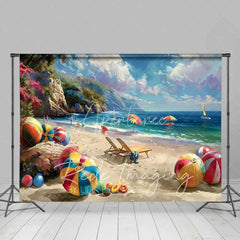 Aperturee - Aperturee Vibrant Summer Beach Ocean Backdrop Colorful Beach Balls Tropical Landscape Vacation Photography