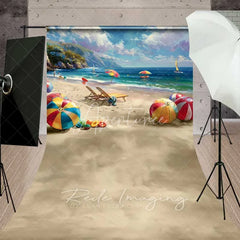 Aperturee - Aperturee Vibrant Summer Beach Scene Backdrop Colorful Beach Balls Ocean Vacation Photography Background for Parties