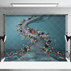 Aperturee - Aperturee Vibrant Teal and Gold Floral Photography Backdrop with Purple and Pink Decorative Confetti Festive Celebration Decor