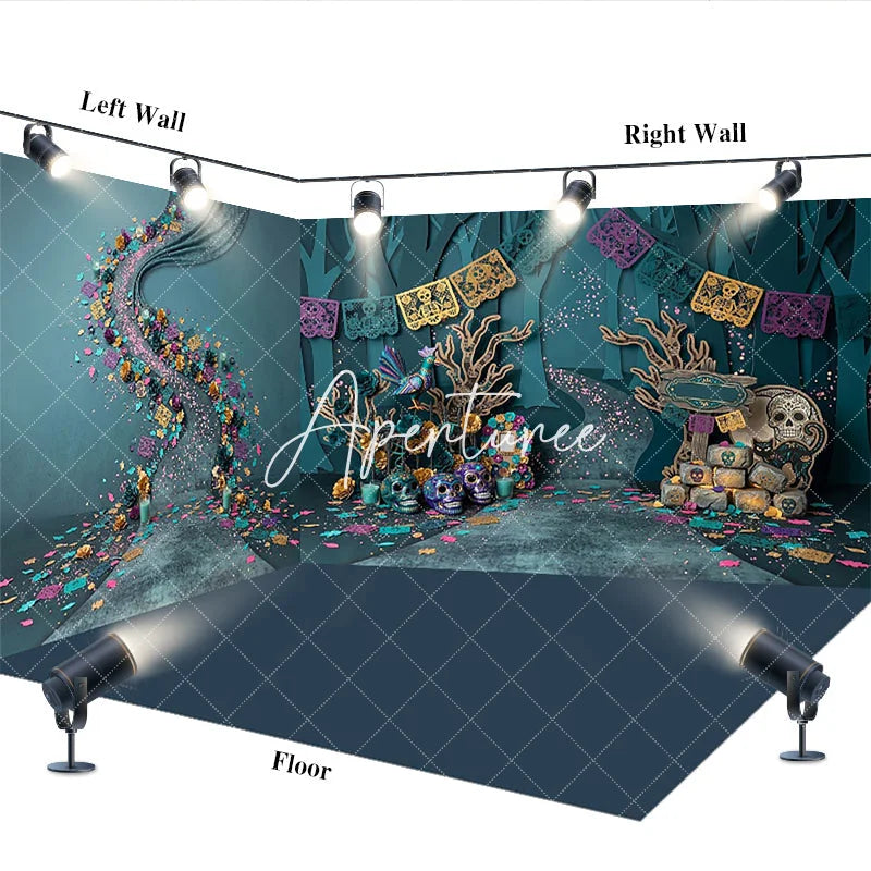 Aperturee - Aperturee Vibrant Teal and Purple Day of the Dead Sugar Skull Room Set Backdrop Festive Halloween Celebration Decor