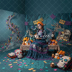 Aperturee - Aperturee Vibrant Teal and Purple Day of the Dead Sugar Skull Room Set Backdrop Festive Halloween Celebration Decor