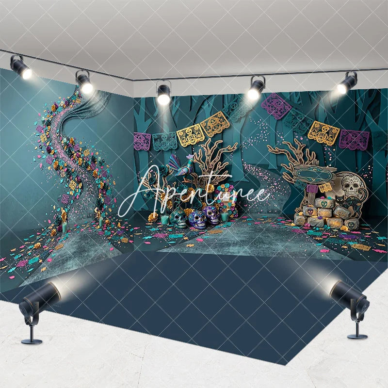 Aperturee - Aperturee Vibrant Teal and Purple Day of the Dead Sugar Skull Room Set Backdrop Festive Halloween Celebration Decor