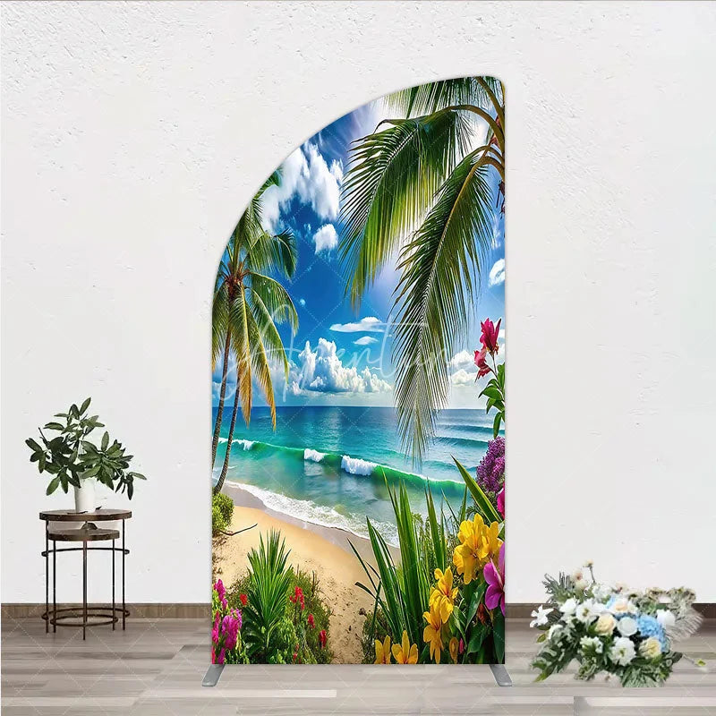 Aperturee - Aperturee Vibrant Tropical Beach Palm Tree Ocean Waves Half Moon Arch Backdrop Summer Paradise Vacation Party Decor