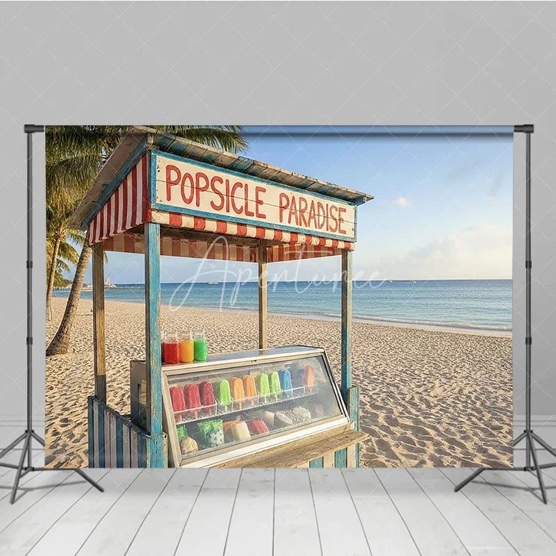 Aperturee - Aperturee Vibrant Tropical Beach Popsicle Stand Photography Backdrop Summer Paradise Ocean Palm Trees Decor