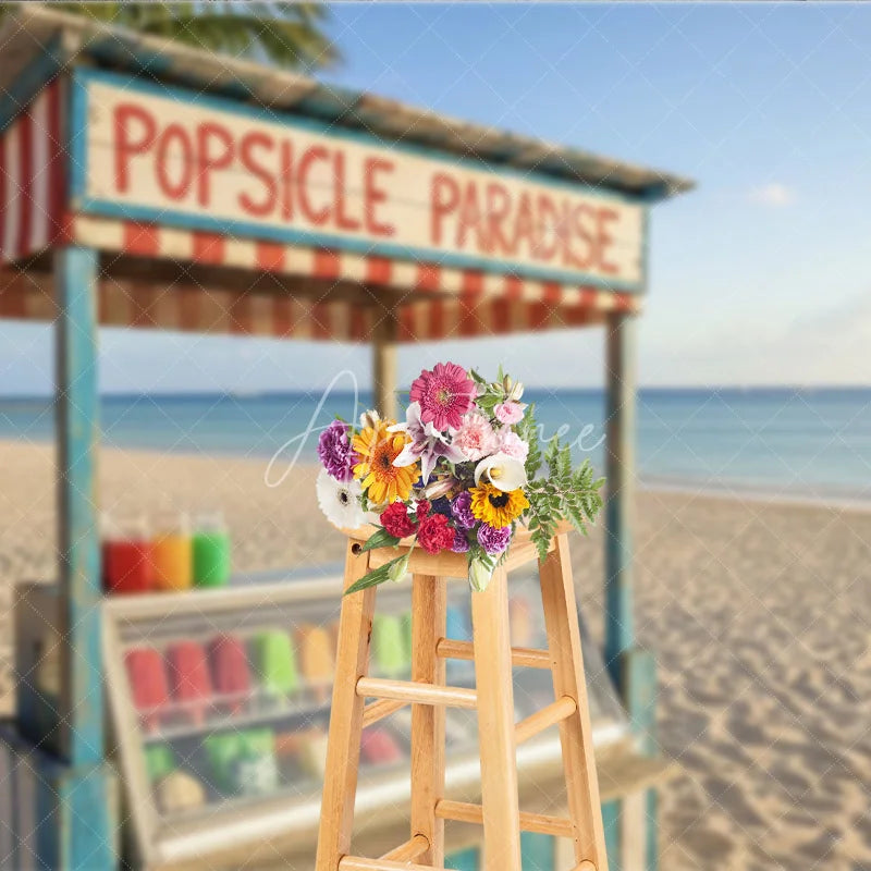 Aperturee - Aperturee Vibrant Tropical Beach Popsicle Stand Photography Backdrop Summer Paradise Ocean Palm Trees Decor