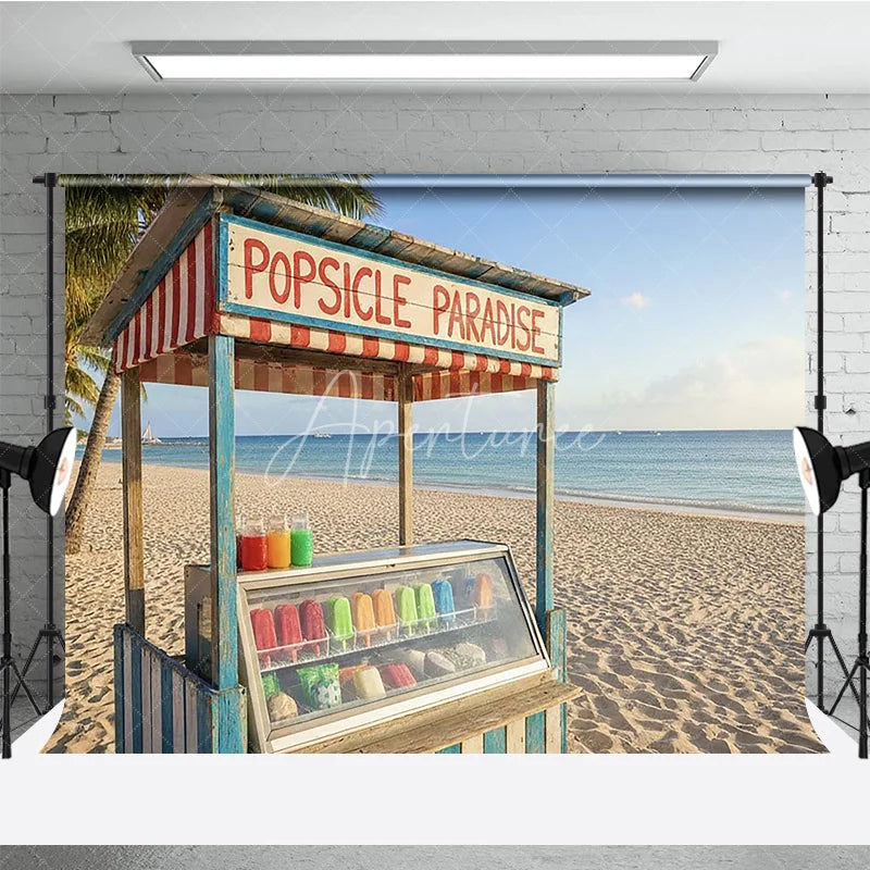Aperturee - Aperturee Vibrant Tropical Beach Popsicle Stand Photography Backdrop Summer Paradise Ocean Palm Trees Decor