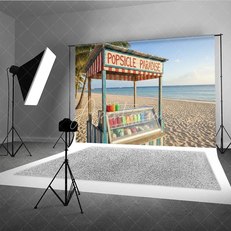Aperturee - Aperturee Vibrant Tropical Beach Popsicle Stand Photography Backdrop Summer Paradise Ocean Palm Trees Decor