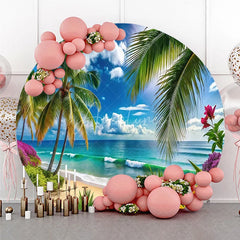 Aperturee - Aperturee Vibrant Tropical Beach Round Backdrop with Palm Trees and Turquoise Ocean Waves Summer Paradise Party Decor